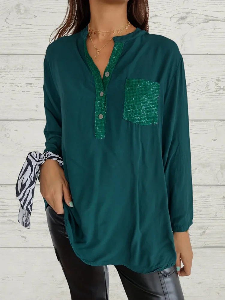 Autumn Sparkling Pocket Button Shirt Office Women's V-Neck Long Sleeved Blouse Casual Every Day Top Clothes