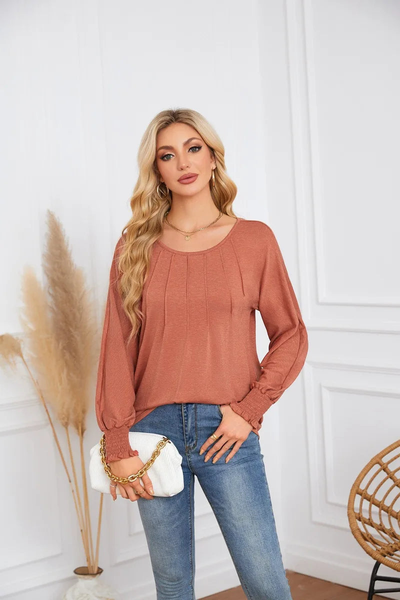 Woman Clothes Solid Color Pleated Top Round Neck Lantern Sleeves Loose Fit Multi Color Options Casual Outings Daily Wear