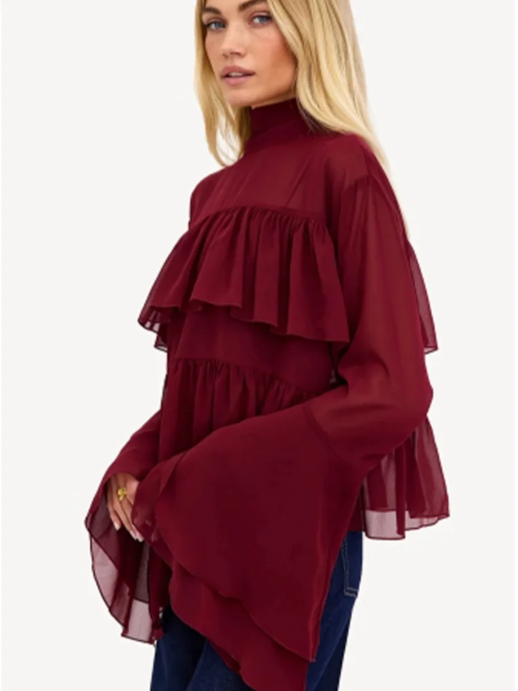 Casual Pleated Ruffled Long Sleeved Solid Color Half High Collar Women's T-shirt Fashion Elegant Daily Commuting Summer Top