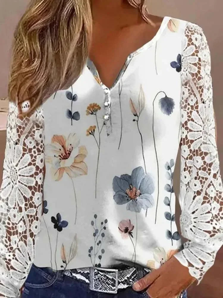 V Neck Elegant Floral Blouse Women Lace Long Sleeve Tops Office Lady 2024 Spring Casual Buttons Shirts