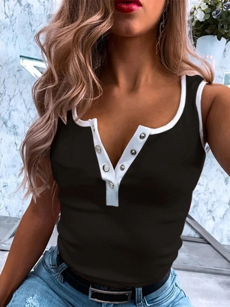 Fashion Casual Solid Color Vest Women's Button Sleeveless T-Shirt Summer Slim Tank Top