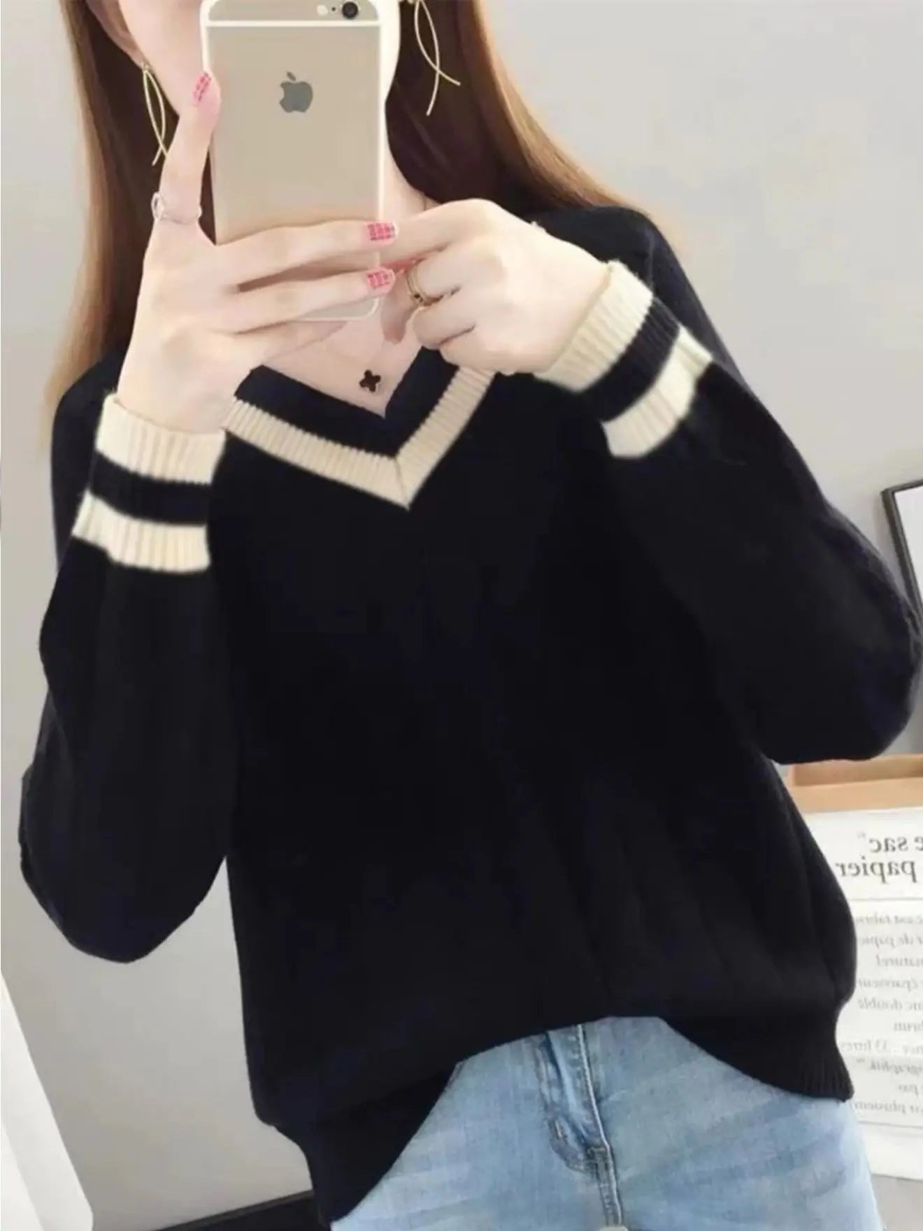 Woman Clothes Black V Neck Sweater Contrast Color Trim on Collar Cuffs Ideal for Casual Outings Office Days Trendy Layering