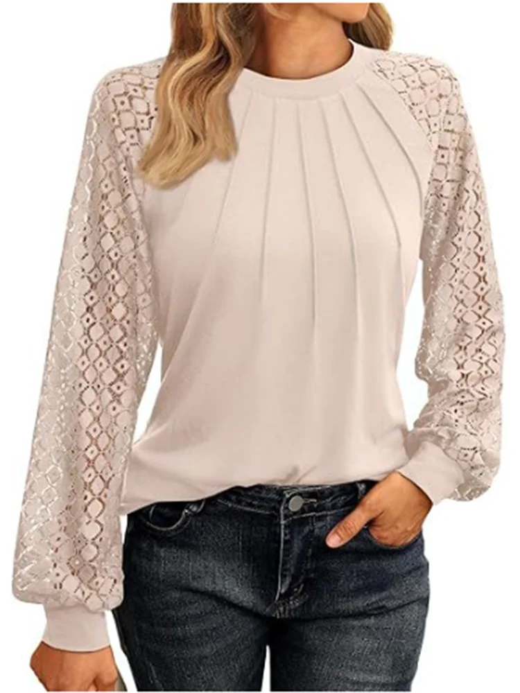 Elegant Lace Pleated Solid Color Shirts Women's Round Neck Lantern Long Sleeved Blouse Autumn Daily Casual Top