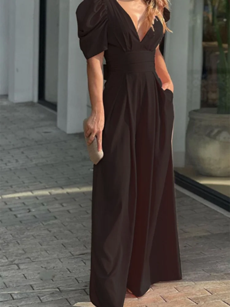 High Waisted Solid Color Bubble Short Sleeved V-neck Pleated Women's Dress Daily Office Elegant Commuting Style Summer Dress