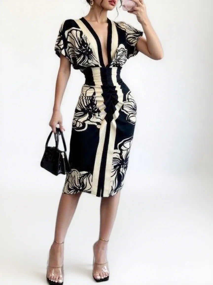 Women's Elegant Floral Dress Deep V Flutter Sleeves Midi Length Great for Special Occasions Dinner Dates Fashion-forward Looks