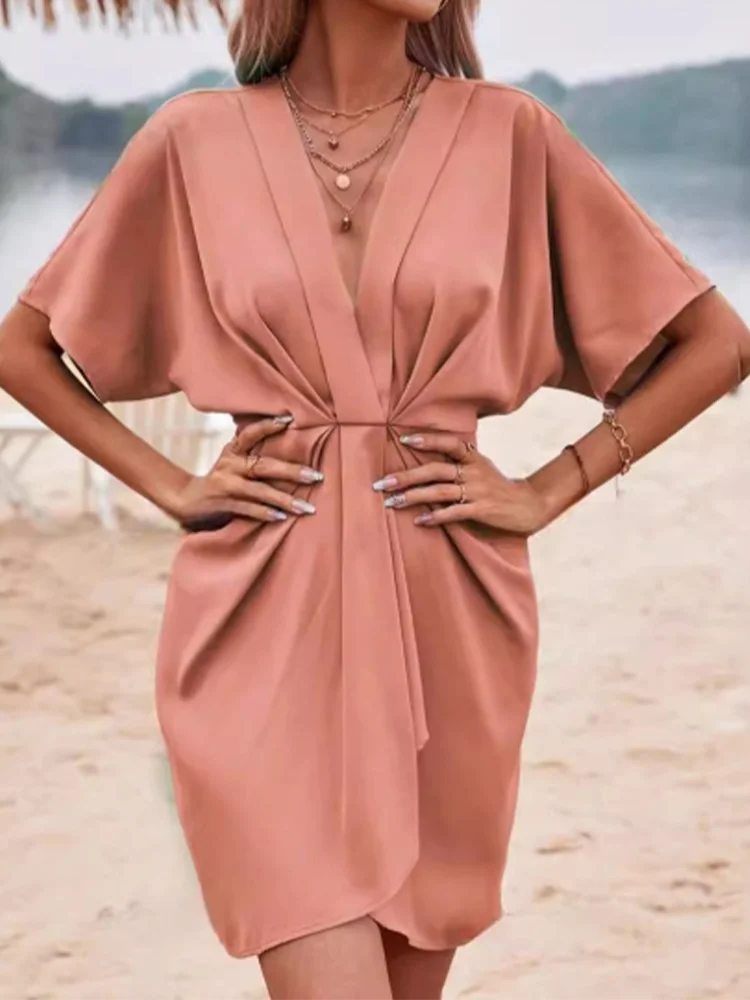 V-neck Solid Color Short Sleeved Pleated Casual Women's Dress Elegant Dating Daily Office Commuting Style Summer Dress
