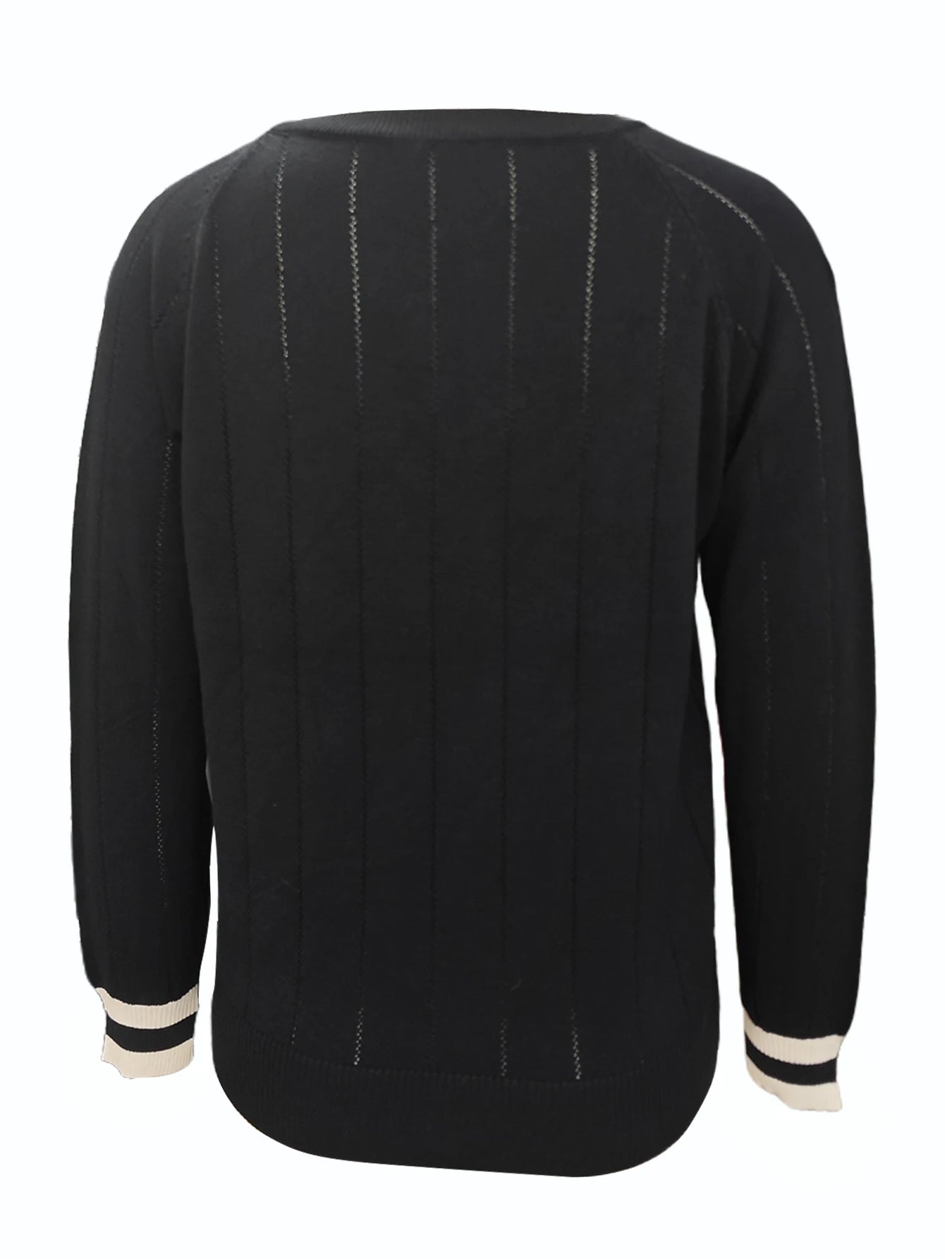 Woman Clothes Black V Neck Sweater Contrast Color Trim on Collar Cuffs Ideal for Casual Outings Office Days Trendy Layering