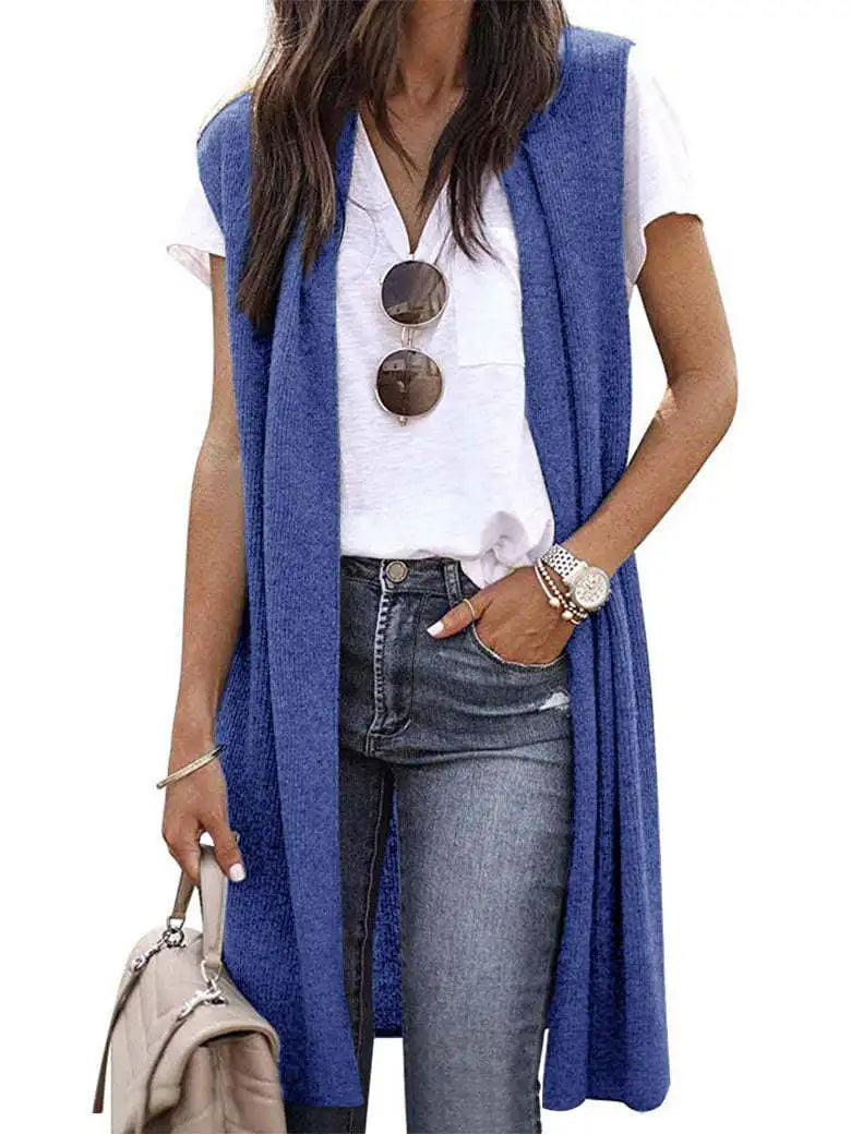 Woman Sleeveless Long Knit Cardigan Open Front Relaxed Fit Multi Color Options for Casual Chic Layering Looks Daily Wear