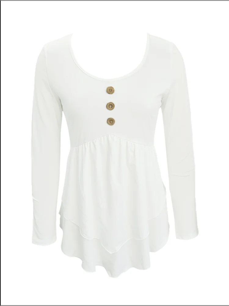 Women's U-Neck Long Sleeve Button Top Casual White T-Shirt Fashion Elegant Temperament Daily Blouse