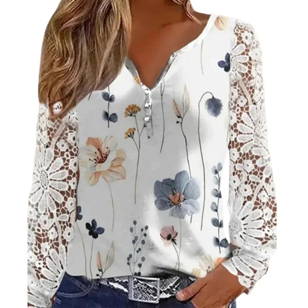 V Neck Elegant Floral Blouse Women Lace Long Sleeve Tops Office Lady 2024 Spring Casual Buttons Shirts