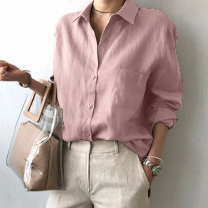 Women's Long-Sleeved Collared Button Comfortable Casual Blouse Spring Office Cotton-Linen  POLO Shirt