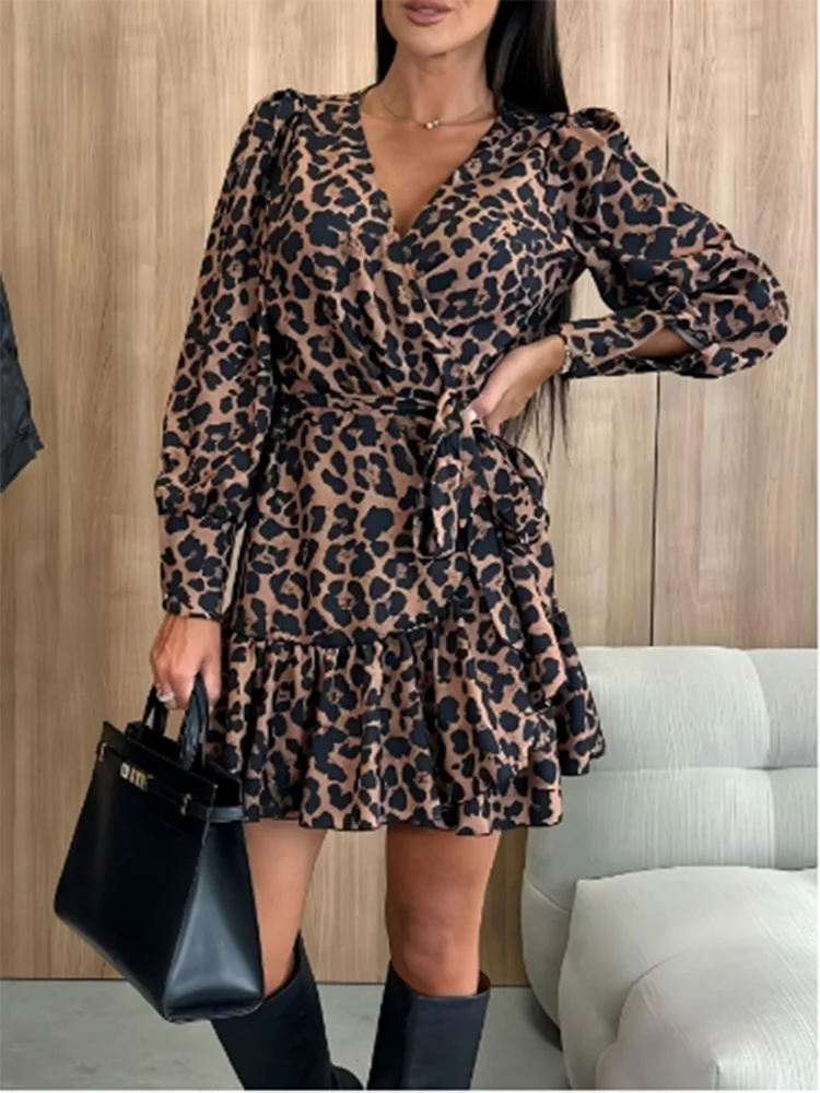 V-neck Lace Up Bubble Long Sleeved Leopard Print Women's Sexy Dress Elegant Dating Fashion Versatile Autumn Dress