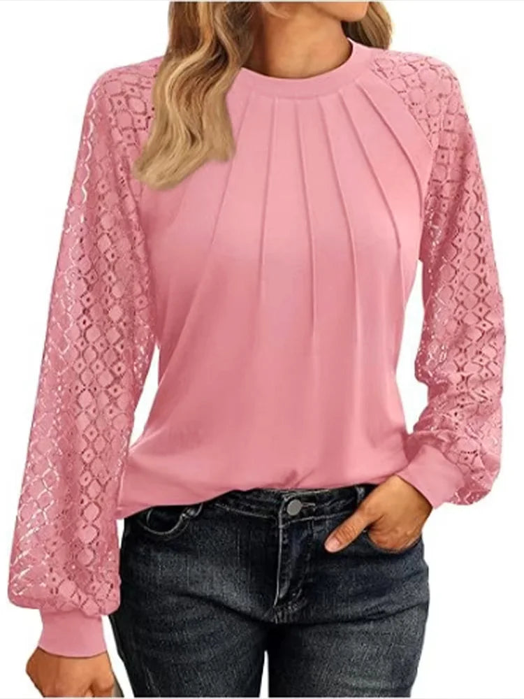 Elegant Lace Pleated Solid Color Shirts Women's Round Neck Lantern Long Sleeved Blouse Autumn Daily Casual Top
