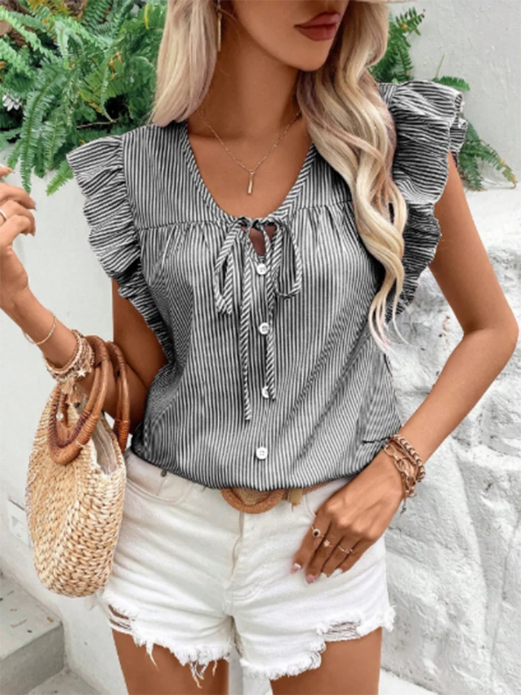 Striped V-neck Lotus Leaf Short Sleeved Lace Button Up Women's T-shirt Loose Casual Fresh Sweet Style Summer Top