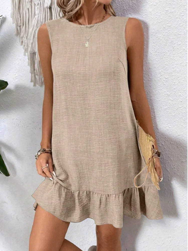 Solid Color Round Neck Short Sleeved Sleeveless Lace Up Pleated Women's Dress Loose Casual Daily Commuting Style Summer Dress