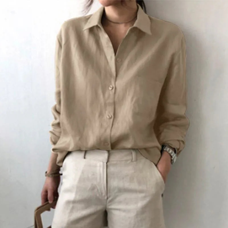 Women's Long-Sleeved Collared Button Comfortable Casual Blouse Spring Office Cotton-Linen  POLO Shirt
