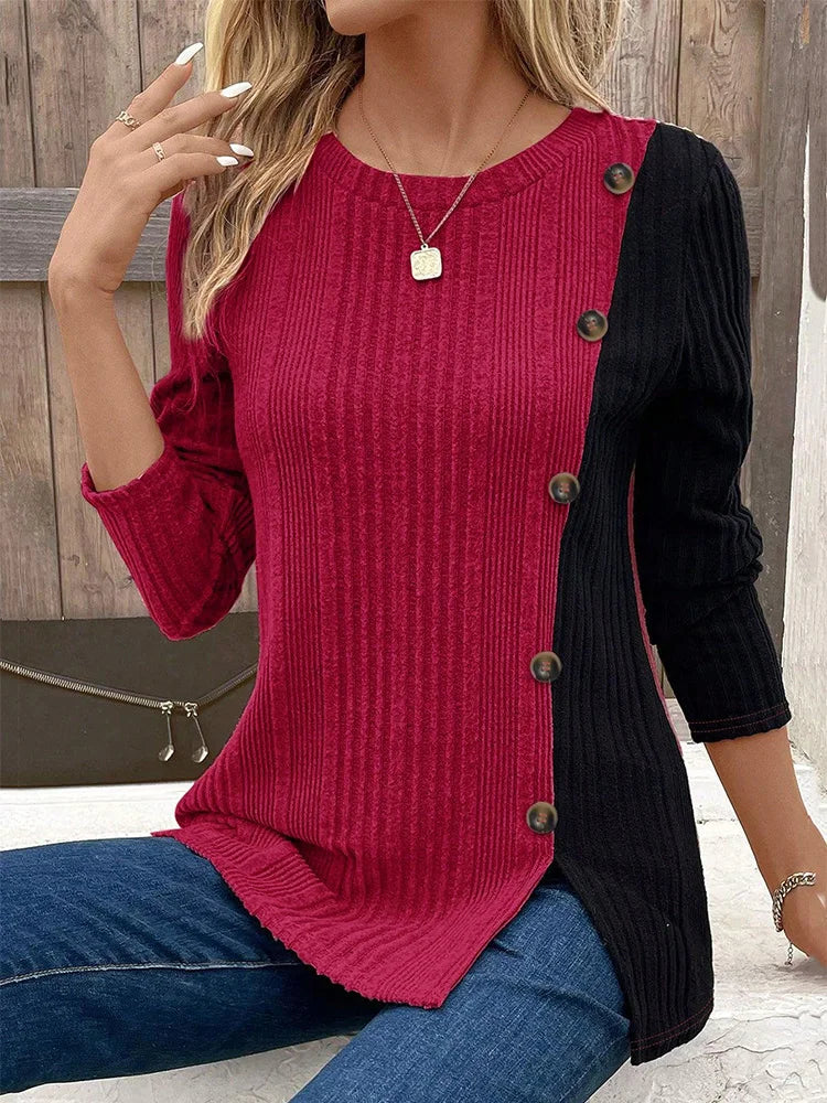 4 Color Blocked Round Neck Long Sleeved Button Fashion T-shirt Women's Casual Comfortable Autumn knited Top