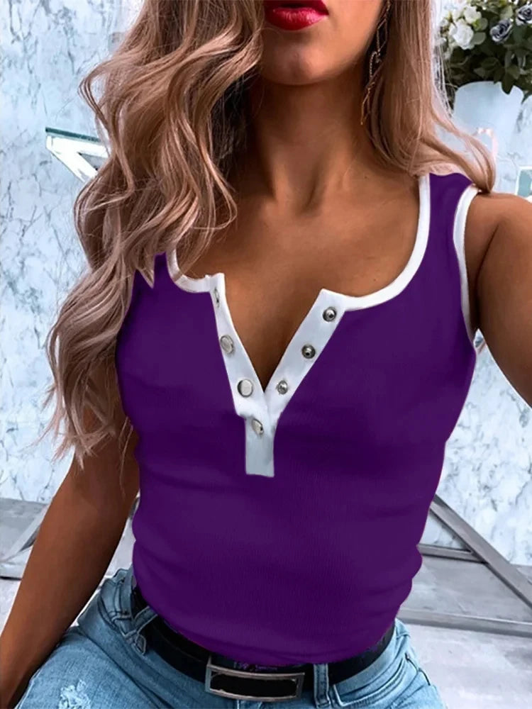 Fashion Casual Solid Color Vest Women's Button Sleeveless T-Shirt Summer Slim Tank Top