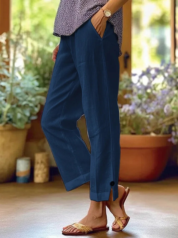 Women's Linen Wide Leg Trousers Side Slit & Button - Detailed Casual Loose Pants