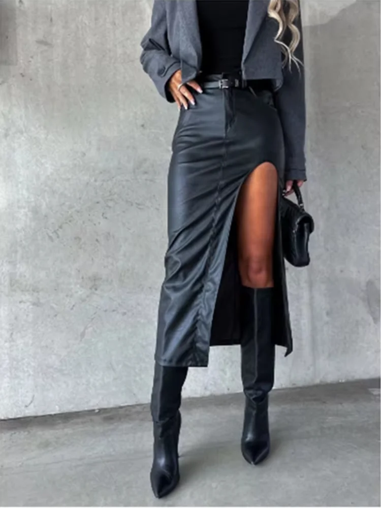 Women's Mid Pu Leather skirt solid Color slit sexy Hip Hugging skirt High Street Party Fashion Punk Style Autumn Skirt