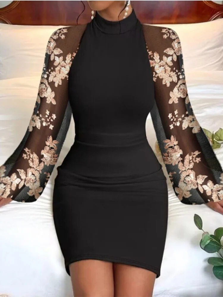 Round Neck Lace Lantern Long Sleeved Sequin Sexy Women's Hip Hugging Skirt Date Party Fashionable Slim Autumn Dress