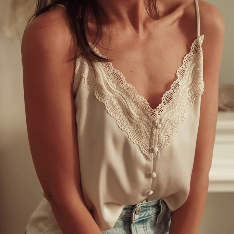 Women's Beige Satin Camisole Lace Trimmed V-Neck Button Front Ideal for Evening Events Layered Looks Elegant Styles