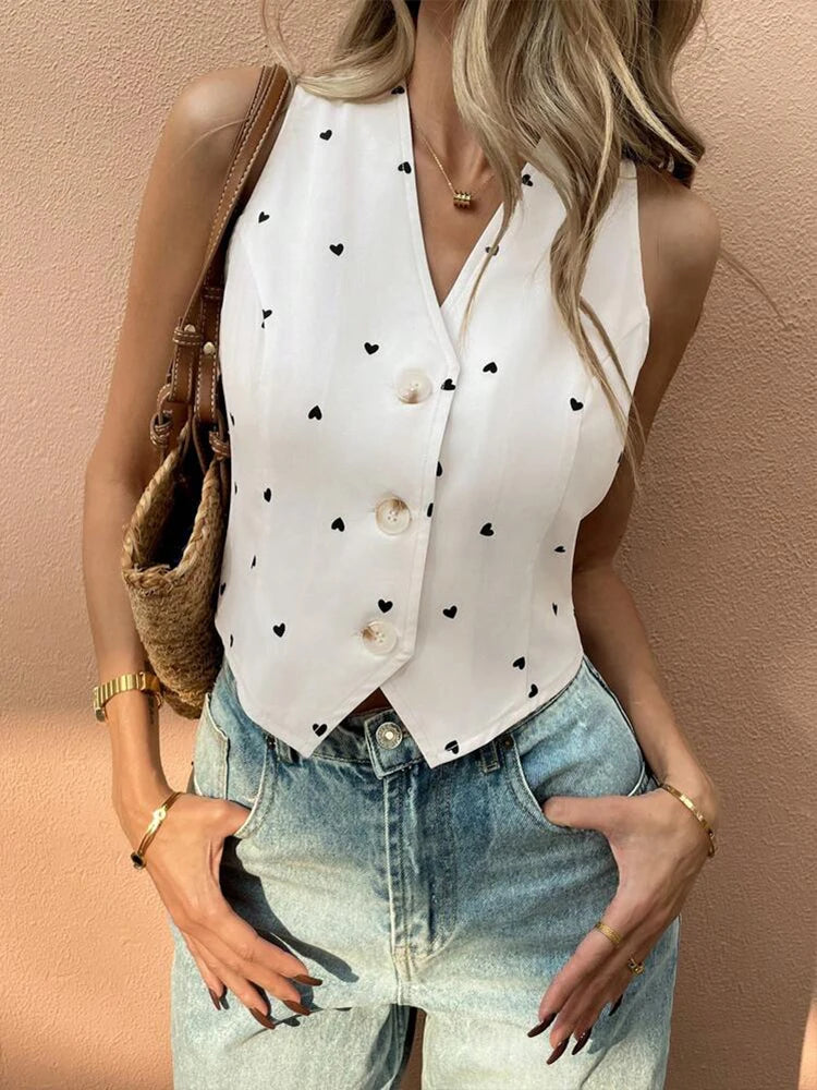 Women's White Heart Print Vest Sleeveless V-Neck Button Front Ideal for Casual Outings Street Styles Trendy Looks