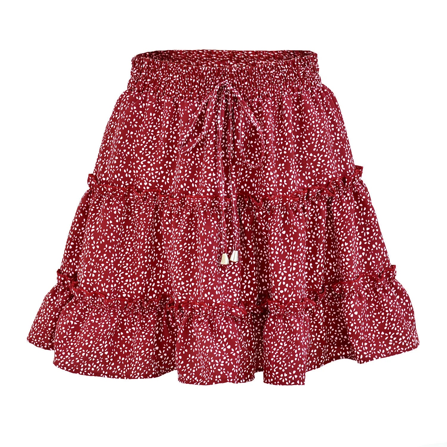 Drawstring Floral Skirt for Women's Beach Summer Tiered Ruffle Mini Design