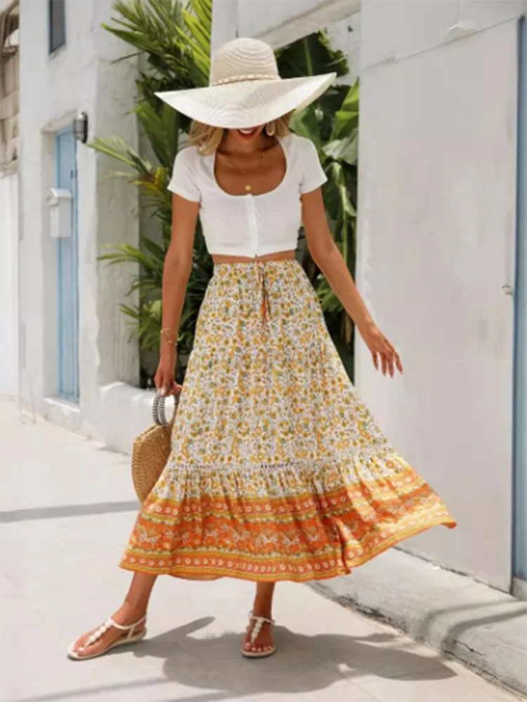 Lace Up Micro Elastic Long Skirt Floral Print Women's Half Skirt Vacation Casual Bohemian Style Summer Half Skirt