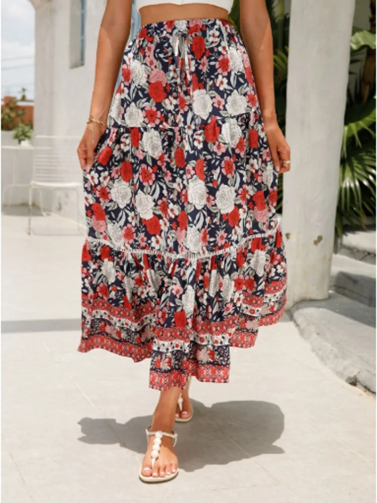 Lace Up Micro Elastic Long Skirt Floral Print Women's Half Skirt Vacation Casual Bohemian Style Summer Half Skirt