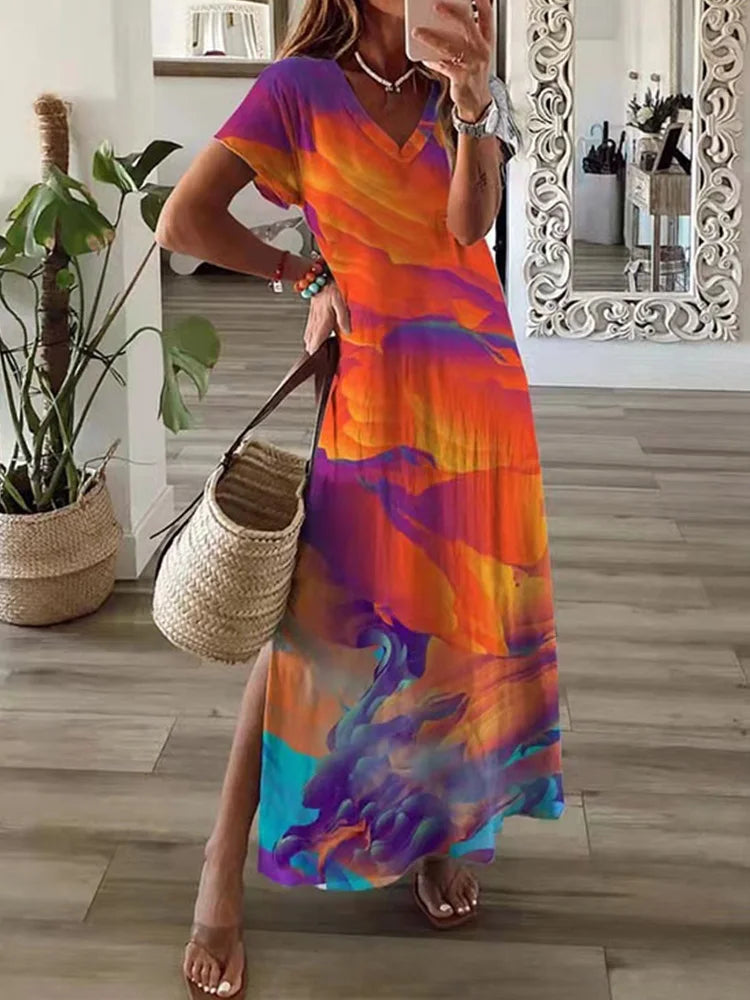 Chic T-Shirt Style Printed Maxi Dress Women Round Neck Short Sleeved Dresses Summer Casual Vacation Vestidos